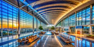 Vibrant afternoon strolling passengers Dallas Fort Worth International Airport Terminal B architectural lines modern futuristic interior design elements natural light pouring